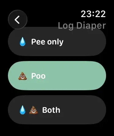 Log diaper screen on Apple Watch